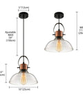 Industrial Edison Pendant Light With Clear Glass Dome Copper Finish Ceiling Fixture, dimensions shown, vintage retro style.
