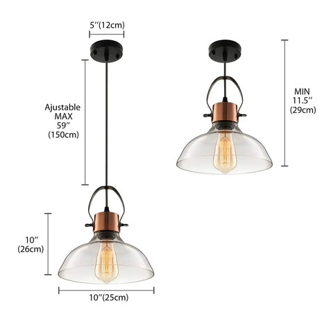 Industrial Edison Pendant Light With Clear Glass Dome Copper Finish Ceiling Fixture, dimensions shown, vintage retro style.