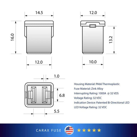 Technical diagram of Toyota 4Runner 2020 Glow Fuse Kit With LED Indicator, showing dimensions and materials like PA66 plastic.