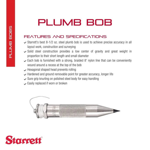 Beefy Solid Steel Plumb Bob With Braided Nylon Line for layout construction and surveying, hexagonal head, 8.5 oz weight