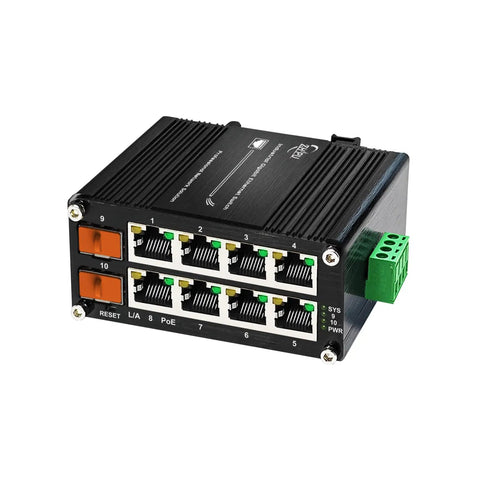 Industrial 8-Port Gigabit PoE+ Switch With 2 SFP Slots, 240W Budget, DIN Rail Mount, black casing, IEEE 802.3af and 802.3at compliant.