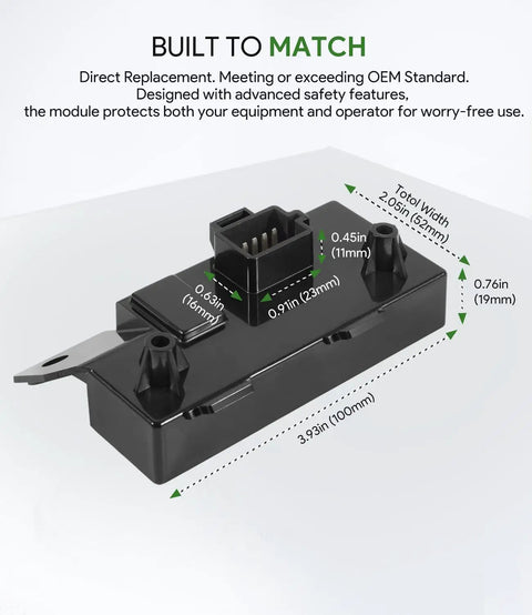 Electronic Control Unit Module For Lawn And Garden Tractors And Equipment X300 X300R X304 X305R X310 X320 X324 X340 X360 X500 X520 X530 X534 X540 X590 Direct Replacement With Easy Plug And Play And Enhanced Safety, front view with dimensions