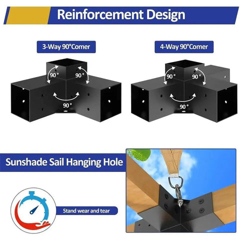 Heavy Duty Pergola Kit With 3 Way Corner Brackets For DIY Gazebo Hardware Kit showing reinforcement design and sunshade sail hole.