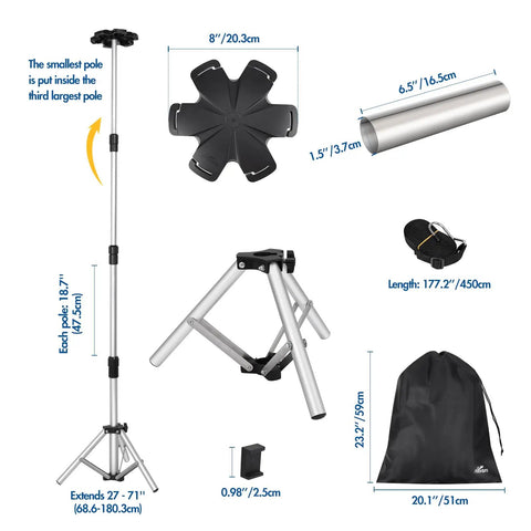 Components of Extra Tall Boat Cover Support Pole With Heavy Duty Metal Tripod Base And Hexagon Top 27 To 71 Inch Adjustable Poles Six Straps
