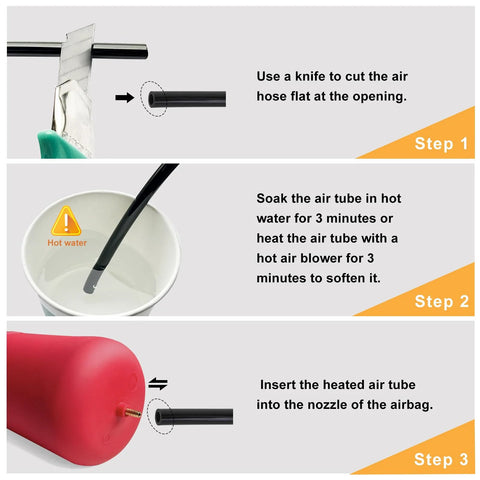 MILLISEC rear air spring kit installation diagram showing cut air hose, hot-water soak, and nozzle insertion.