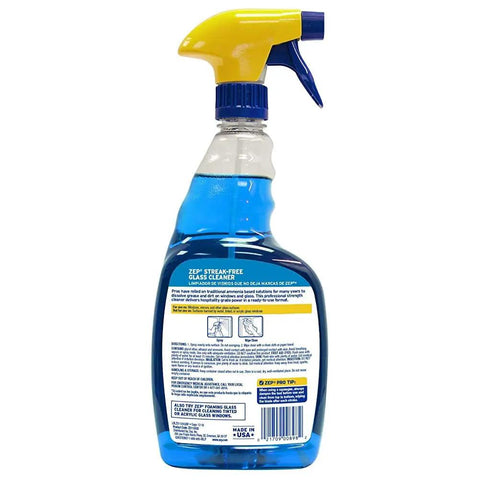Back view of Zep 32 oz blue ammonia-based streak free glass cleaner bottle with label and spray nozzle.