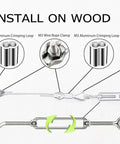 Stainless Steel One Eighth Inch Cable And Turnbuckle Kit For String Lights And Outdoor Projects, installation diagram on wood