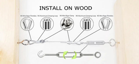Stainless Steel One Eighth Inch Cable And Turnbuckle Kit For String Lights And Outdoor Projects, installation diagram on wood