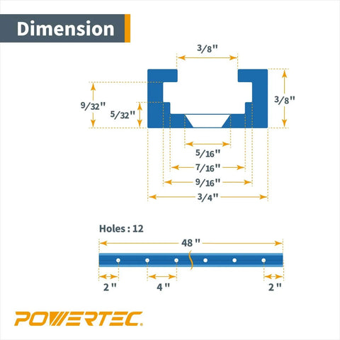 Diagram showing dimensions of Pro Grade 48 Inch Double Cut Universal T Track With Predrilled Mounting Holes For Woodworking Jigs.