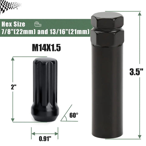 Beefy Black M14x1.5 Spline Lug Nuts Set 2In Long With 60 Degree Taper Includes 7 Point Socket Key Anti Theft Design image