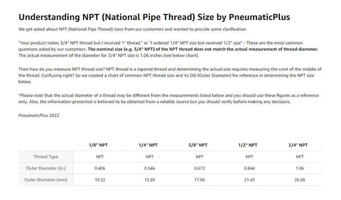 Table explaining NPT thread size measurements with PneumaticPlus guide and dimensions for 1/4 to 3/4 inch NPT threads