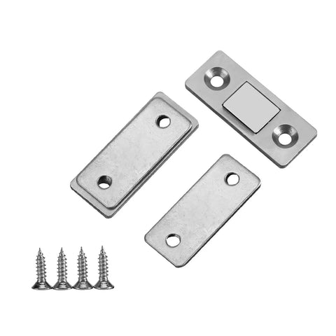 Ultra Thin Strong Magnetic Door Catch For Cabinets And Furniture with screws laid out separately on white background