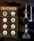 Leather Hole Puncher Hand Press For DIY Crafting Projects with features list and image of black pro grade punch machine