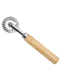 Front view of fluted pizza cutter wheel with wooden handle (16 cm long).
