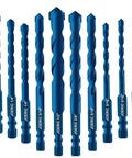 Front view of JOERIC 10-piece blue masonry drill bit set, tungsten carbide tipped for concrete, brick, tile (3/16-1/2").