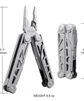 13 In 1 Multitool Pliers Kit With Safe Locking Carabiner And Sheath For Fishing And Camping, open and closed view, size labels visible.
