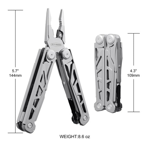 13 In 1 Multitool Pliers Kit With Safe Locking Carabiner And Sheath For Fishing And Camping, open and closed view, size labels visible.