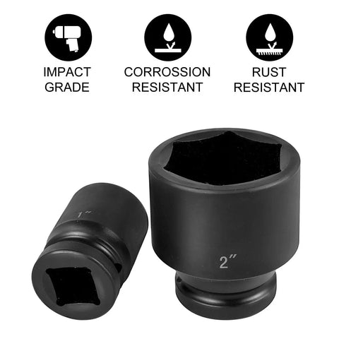 Heavy Duty 3/4 Inch Impact Socket Kit With Shallow Drive Plus Deep Socket 29 Piece Chrome Vanadium Set Featuring 6 Point Grip Design For Lug Nut Removal And Tough Jobs Comes Zippered Carrying Case, 2 inch and 1 inch sockets