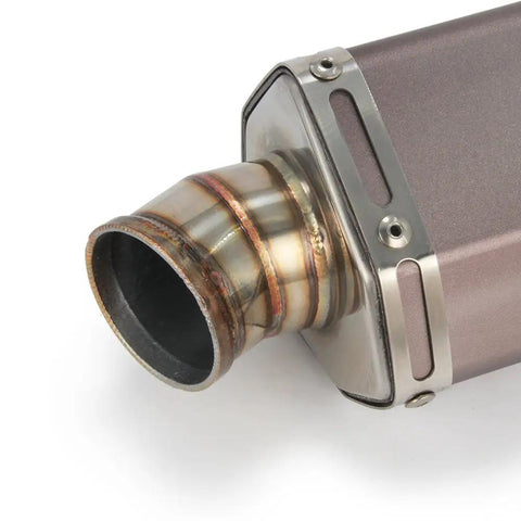 1.5 To 2 Inch Inlet Hexagon Slip On Exhaust Pipe For Dirt Bike Street Bike Scooter ATV Quad With 38mm To 51mm Connector Easy Bolt On Install Durable Muffler Upgrade, close-up view of connector.