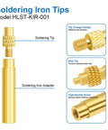 Diagram showing soldering iron tips and adapters made of high-quality brass, highlighting features like tip change design.