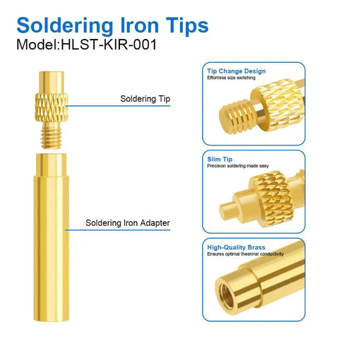 Diagram showing soldering iron tips and adapters made of high-quality brass, highlighting features like tip change design.