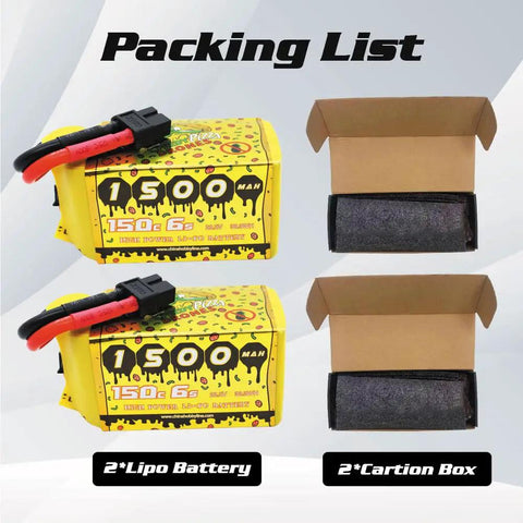 Speedy 1500mAh 6S 22.2V 150C LiPo Battery With XT60 Plug shown with packaging boxes