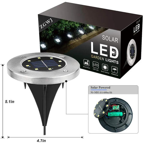 8 Pack Solar Ground Lights With 8 LED Upgraded Outdoor Garden Landscape Lighting For Lawn Pathway Yard Deck Patio Walkway White Weatherproof Aluminum Alloy Durable And Waterproof, showing product and packaging details.