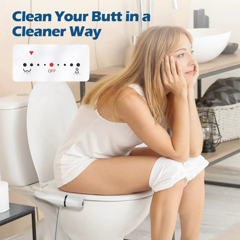 Person using Non Electric Bidet Attachment For Toilet With Dual Nozzles, Posterior And Feminine Wash, Adjustable Water Pressure.