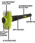 Beefy 16 Inch Sledge Hammer With 4 Pound Head For Demolition And Construction Hi Vis Drop Forged 46 HRC Head with steel core handle