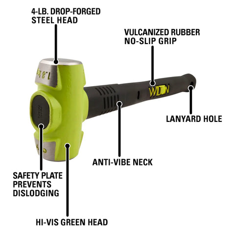 Beefy 16 Inch Sledge Hammer With 4 Pound Head For Demolition And Construction Hi Vis Drop Forged 46 HRC Head with steel core handle