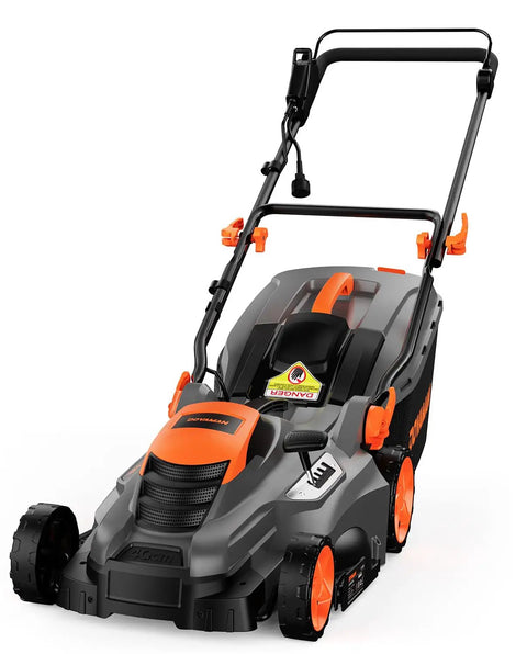 Corded Lawn Mower With 16 Inch Cut And 13 Amp Motor Five Height Settings Easy Vertical Fold Storage Two In One Mulching And Bagging