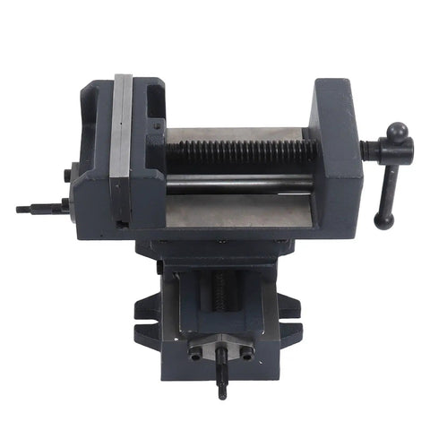 Heavy Duty 4 Inch Slide Drill Press Vise Crafted From Durable Cast Steel With Smooth Handwheels overhead view showing sturdy construction.