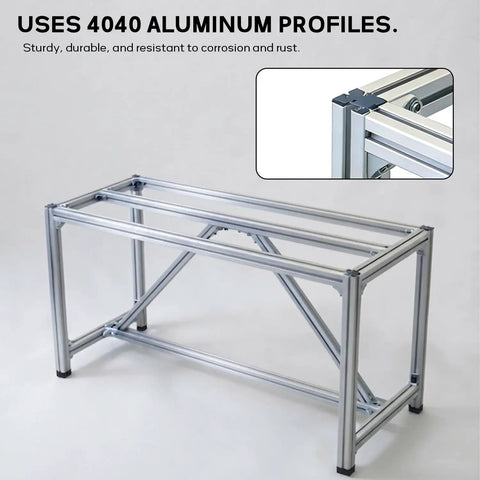Badass Rock Solid Heavy Duty Aluminum Work Table With Thick Wood Top And Tough Utility Workbench For Garage Workshop Kitchen Prep And Commercial Packing Rack showcasing sturdy 4040 aluminum profiles.