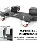Heavy Duty Motorcycle Dolly With 360 Degree Casters Center Stand Mover shown with dimensions, 21.6 inches wide, steel construction.