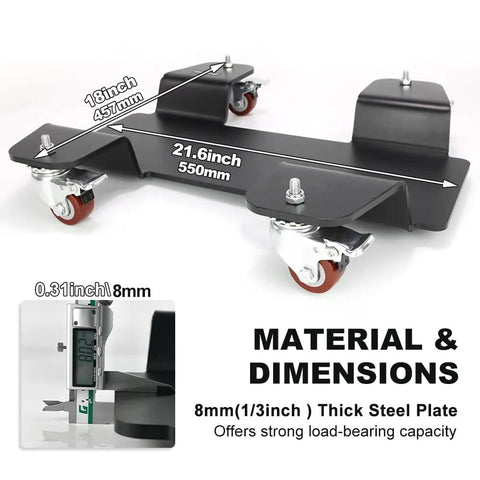 Heavy Duty Motorcycle Dolly With 360 Degree Casters Center Stand Mover shown with dimensions, 21.6 inches wide, steel construction.