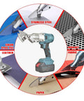 Cordless Electric Metal Shears For Cutting Sheet Metal Leather Upholstery Carpet Cardboard with multiple cutting examples