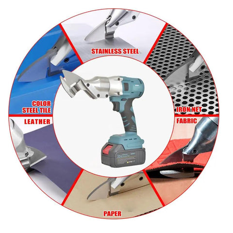 Cordless Electric Metal Shears For Cutting Sheet Metal Leather Upholstery Carpet Cardboard with multiple cutting examples