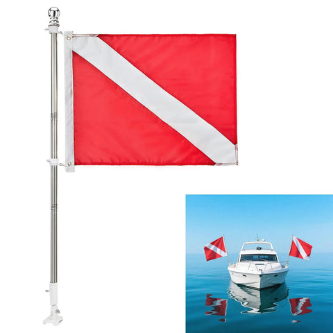 4 Ft Pro Grade Stainless Dive Flag Pole Kit with 1 Inch Tangle Free Pole shown mounted on boat with dive flag visible