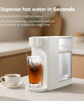 Instant Hot Water Dispenser For Quick Pouring And Fast Boil With 3 Temp Settings And 5 Water Volume Levels Removable Eight Tenths Gallon Tank BPA Free Perfect For Tea Coffee Ramen And More shown dispensing hot water into a glass on a kitchen counter.