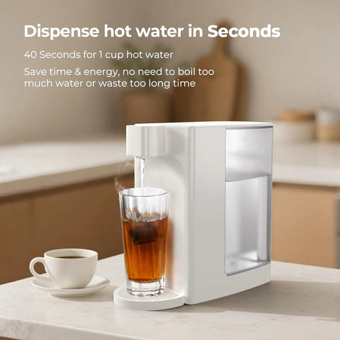 Instant Hot Water Dispenser For Quick Pouring And Fast Boil With 3 Temp Settings And 5 Water Volume Levels Removable Eight Tenths Gallon Tank BPA Free Perfect For Tea Coffee Ramen And More shown dispensing hot water into a glass on a kitchen counter.