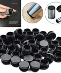 One Hundred Pieces Black Thickened Pipe End Caps Kickass Furniture Chair Leg Covers Smooth Gliding Floor Protectors For Metal Tubing And Ladder Base With No Hassle Scratch Shield displayed in a pile with installation detail.