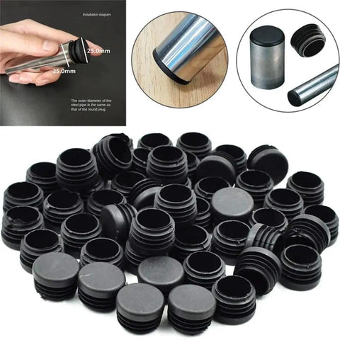 One Hundred Pieces Black Thickened Pipe End Caps Kickass Furniture Chair Leg Covers Smooth Gliding Floor Protectors For Metal Tubing And Ladder Base With No Hassle Scratch Shield displayed in a pile with installation detail.