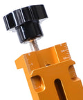 Close-up view of Cabinet Hinge Jig Door Mounting Guide With Adjustable Alignment Tool And Precision Measuring Scale For Pro Grade Kitchen Cabinet Installation Accurate Drilling Replacement Fitting Durable Woodworking Accessory featuring adjustment knob and measuring scale.