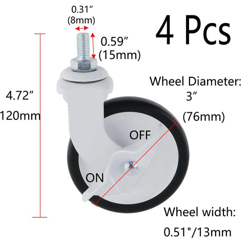 3 Inch Swivel Casters With M8x15mm Threaded Stem, Quiet PP Wheels, 4 Pack For Carts, Trolleys, Equipment And Furniture