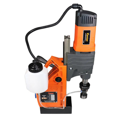 Badass Magnetic Drill Press With 1.8 Inch Boring Cap And 1700 Watt Variable Speed Motor close-up view of motor and coolant reservoir