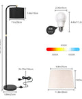Sturdy Metal Arc Floor Lamp With Two Shade Options, 9W LED Bulb, 3 Color Temperatures, Long Power Cord, dimensions and features shown.