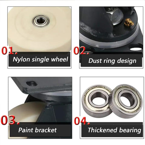 Heavy Duty Eight Inch Nylon Swivel Casters Built Beefy With Carbon Steel Bearings And A Riveted Base For Crush Proof Performance Ultra Low Profile Floor Safe Rolling Wheels For Rigorous Work showing nylon wheel, dust ring, and bearing details.
