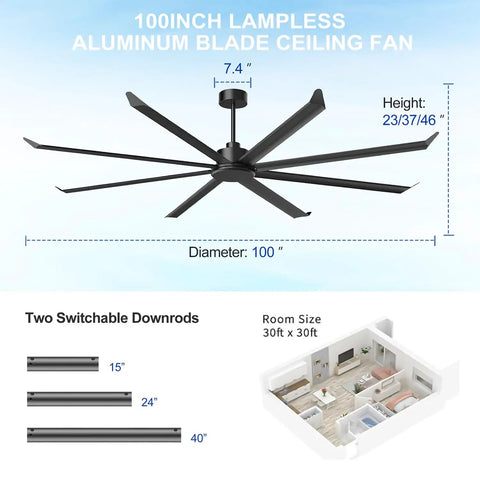 Massive 100 Inch Industrial Ceiling Fan Moves Serious Air Pmsm Motor With 8 Double Layer Aluminum Blades 21000 Cfm High Airflow Hvls Commercial Fan Remote And Wall Control For Warehouse Barn Gym, ceiling fan dimensions and layout.