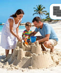Family building sandcastle on beach with Two Pack Beach Sand Remover Mitts Soft Wipe Off Gloves for Quick Sand Cleanup in inset.