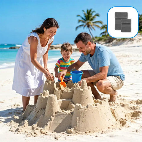 Family building sandcastle on beach with Two Pack Beach Sand Remover Mitts Soft Wipe Off Gloves for Quick Sand Cleanup in inset.